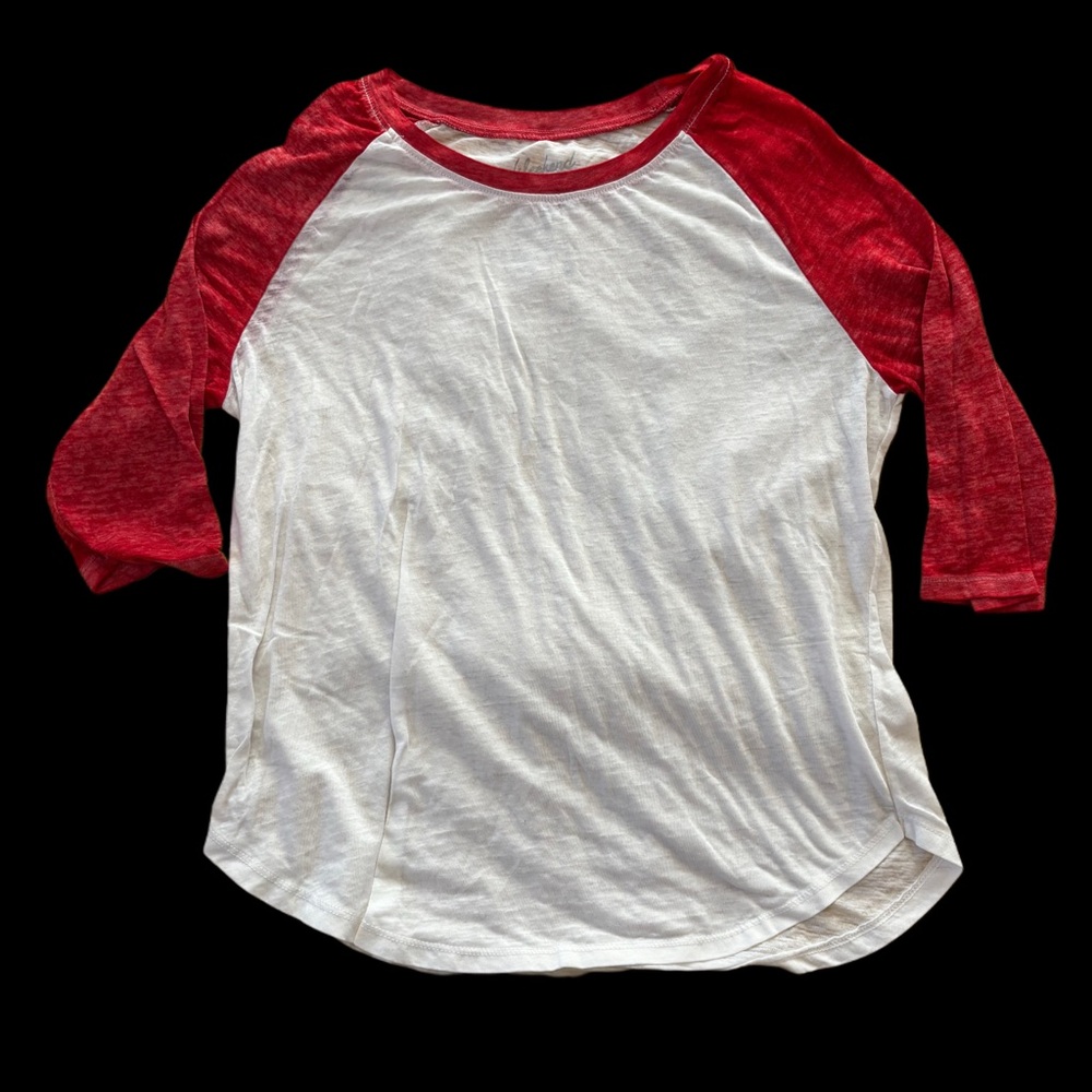Women’s White and Red Raglan Baseball Tee
